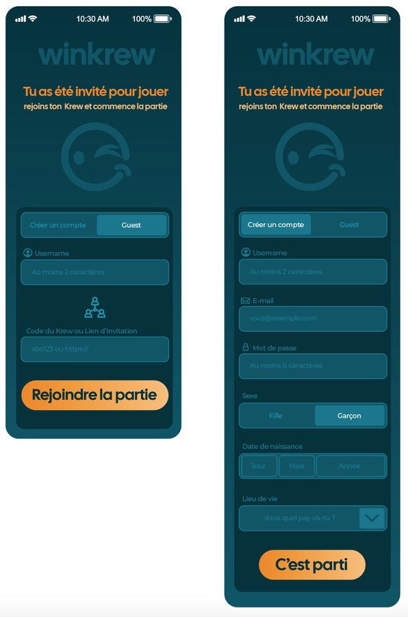 Écrans de l’application Winkrew : rejoindre une partie et créer un compte