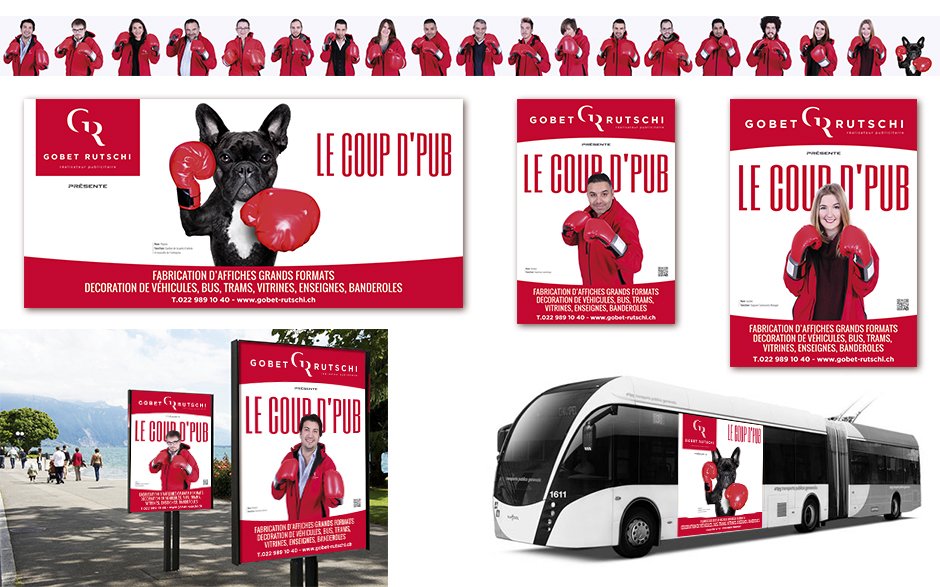 Campagne « Le coup d’pub » de Gobet Rutschi : affiches, abribus et bus