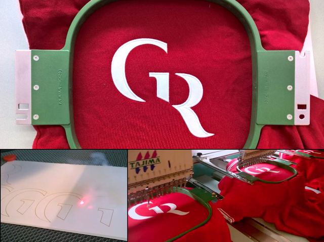 Logo Gobet Rutschi brodé sur textile rouge