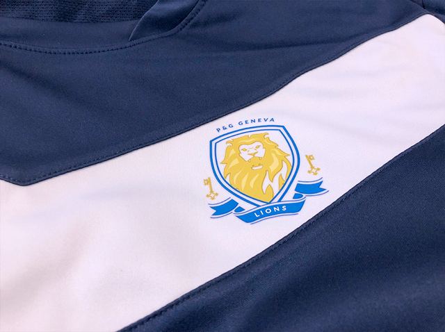 Maillot de sport bleu et blanc avec écusson
