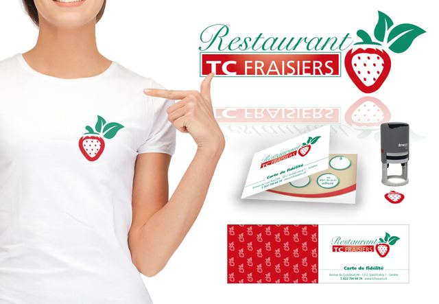 Identité du restaurant TC Fraisiers : t-shirt, cartes, tampon et supports